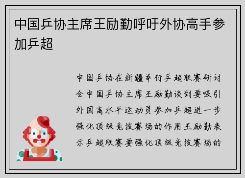 中国乒协主席王励勤呼吁外协高手参加乒超