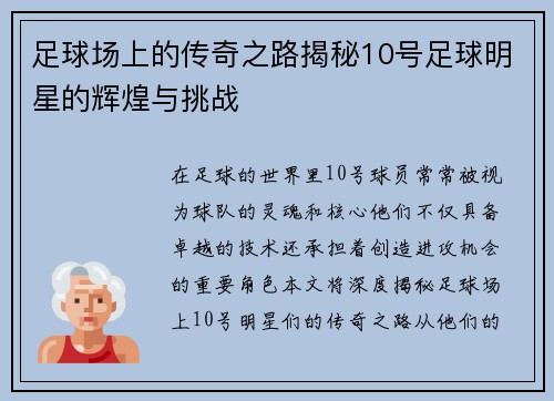 足球场上的传奇之路揭秘10号足球明星的辉煌与挑战